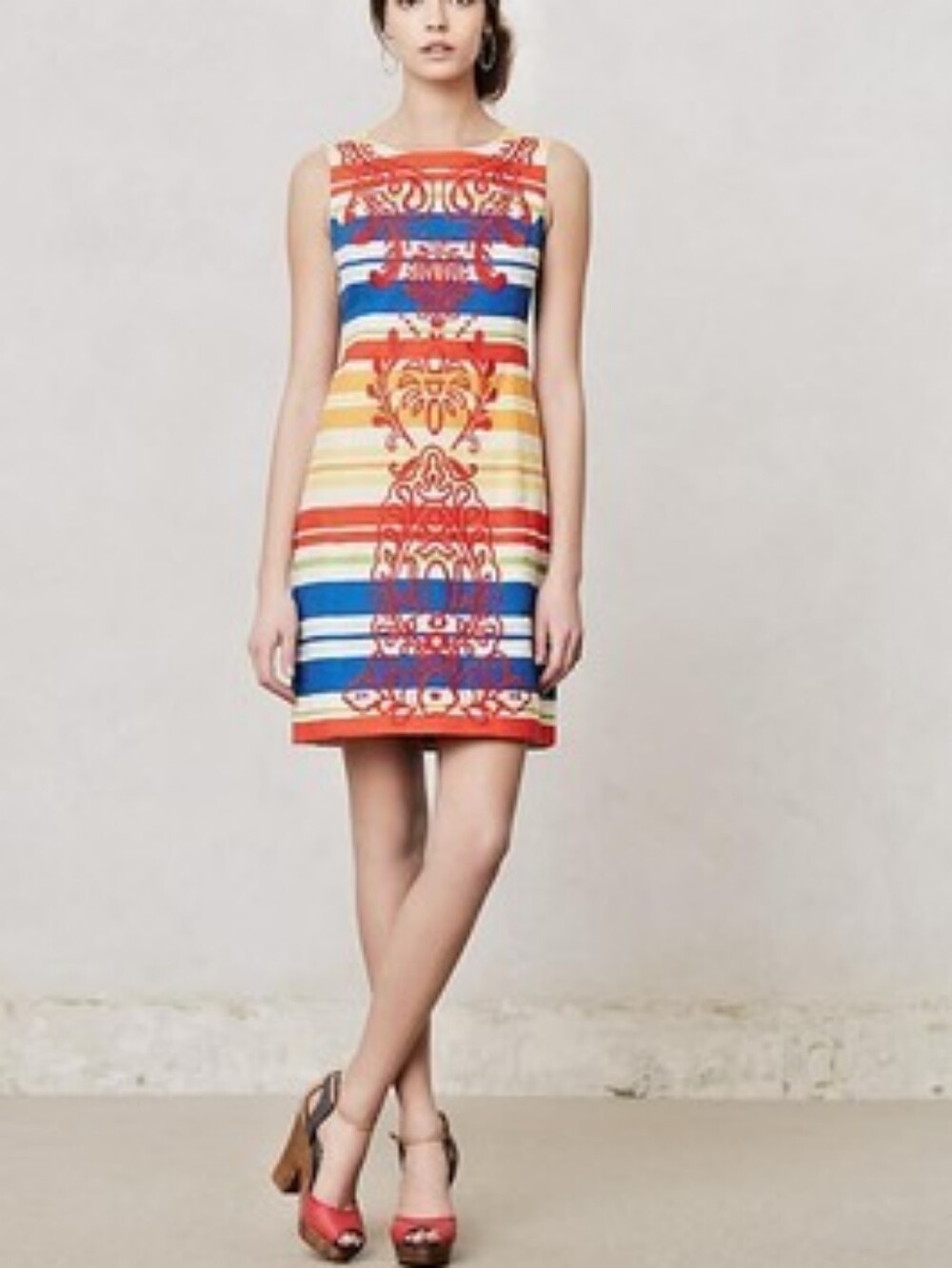 Anthropologie Multicolor Striped Sleeveless Dress with Red Medallion Print